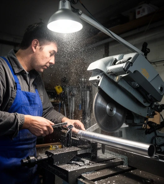 Steel bar being cut on a cold saw in the Wolapark workshop