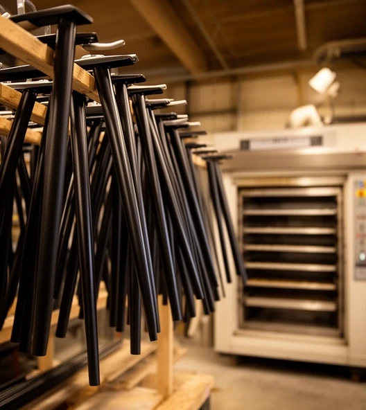 Black powder coated furniture legs hanging on a rack after curing