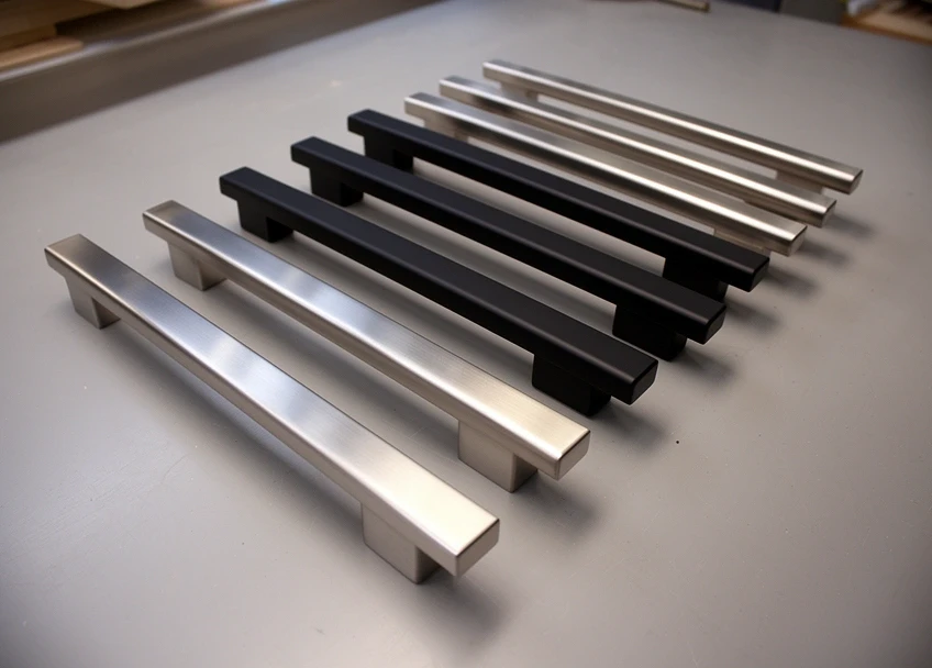 Bar handles in brushed stainless and matt black laid in a row
