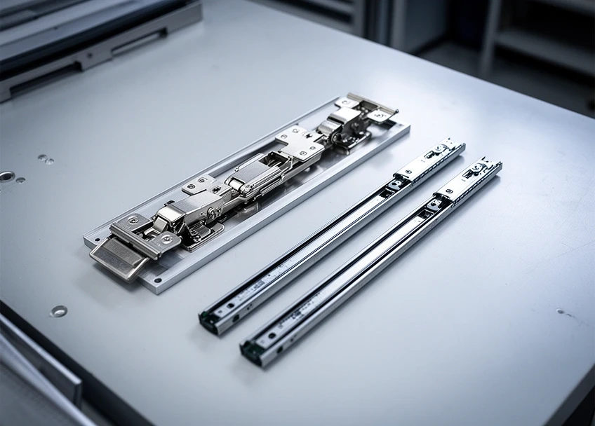 Concealed cabinet hinges and a pair of drawer runners