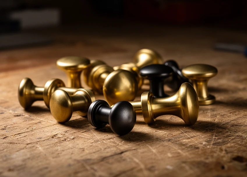 Solid brass and black steel cabinet knobs on a workbench