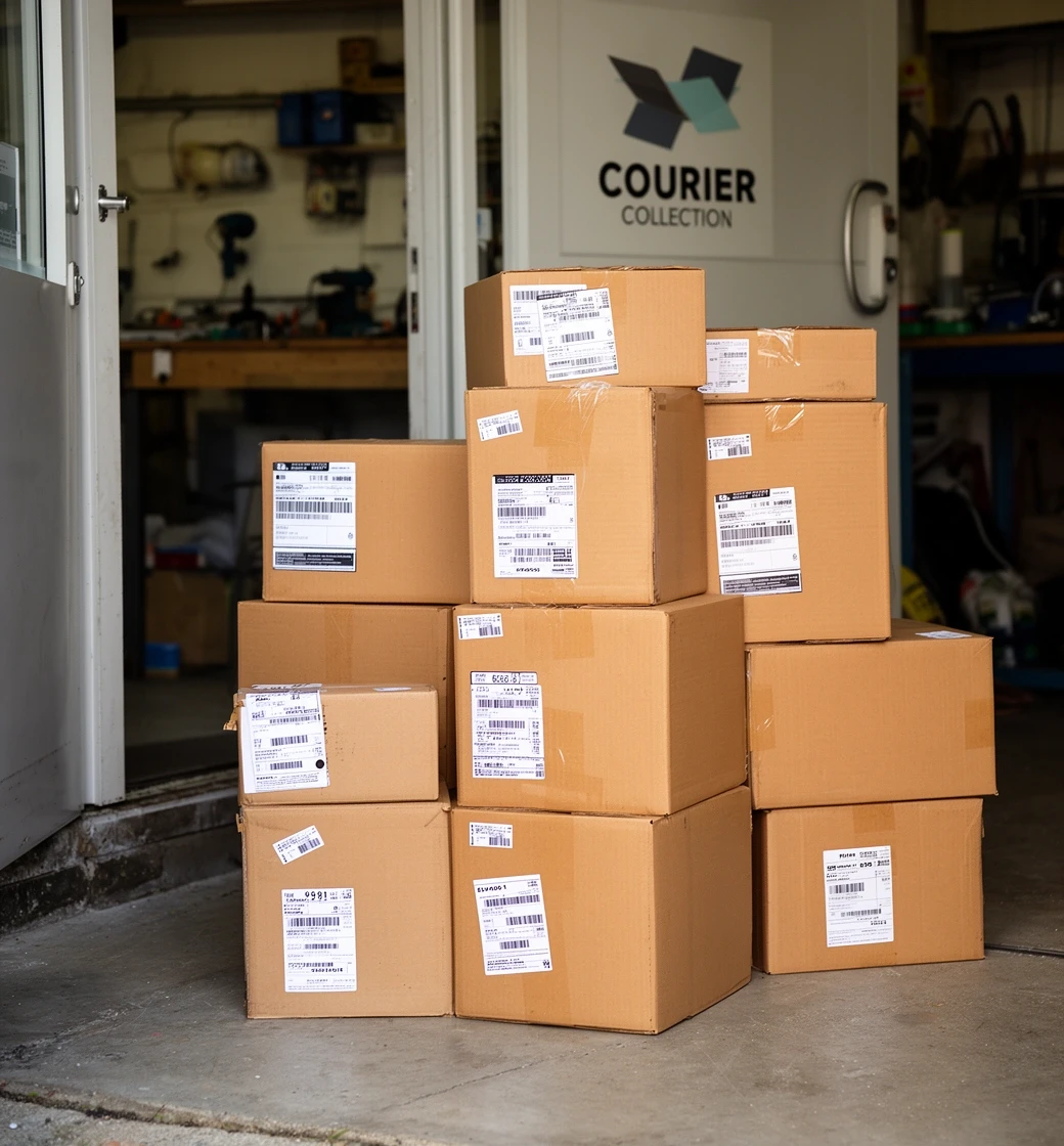 Labelled boxes of fittings stacked for courier collection