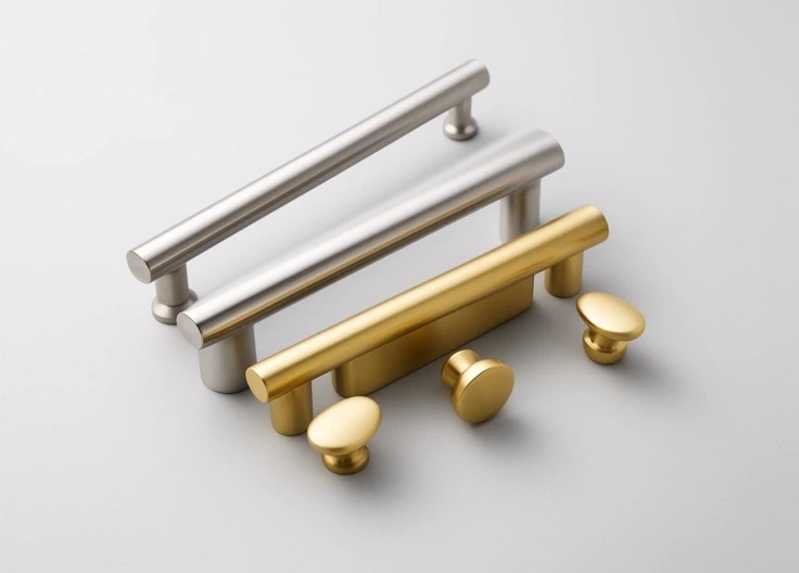 Brushed stainless bar handles and brass knobs laid out at an angle