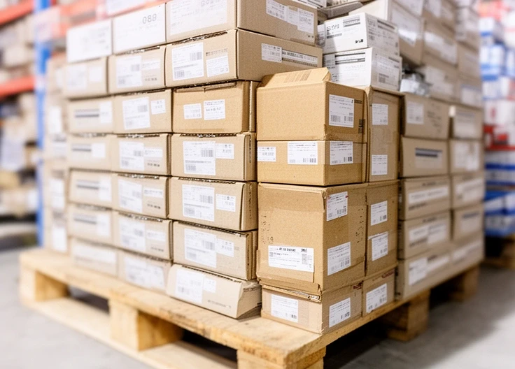 Boxed packs of concealed hinges and drawer runners stacked on a pallet