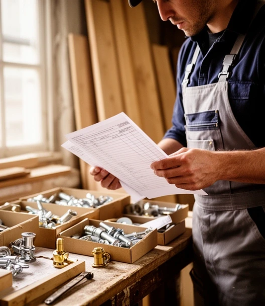 Trade customer checking boxed fittings against a delivery note