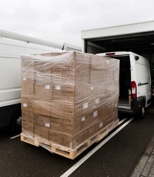 Wrapped pallet of fittings being loaded onto a delivery van