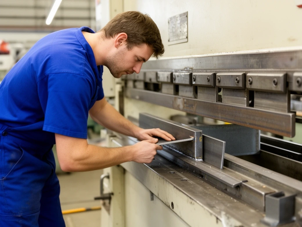 Steel plate being bent into a shelf bracket on a press brake