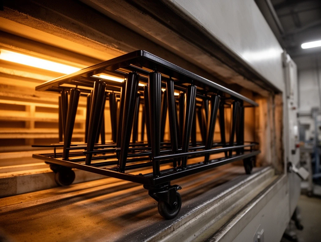 Rack of black powder coated legs coming out of the curing oven