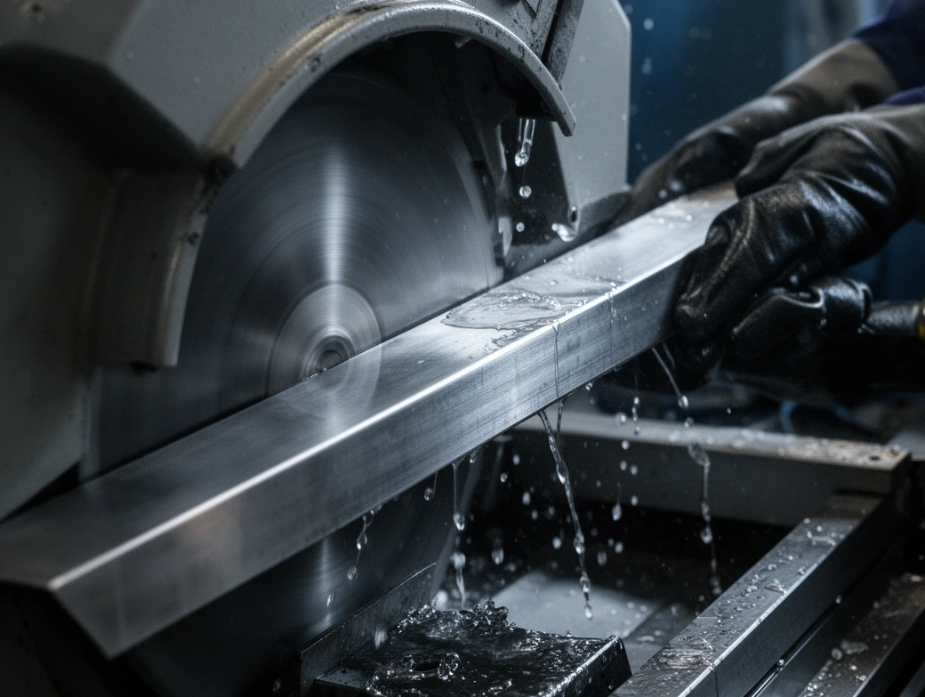 Stainless steel bar being cut to length on a cold saw