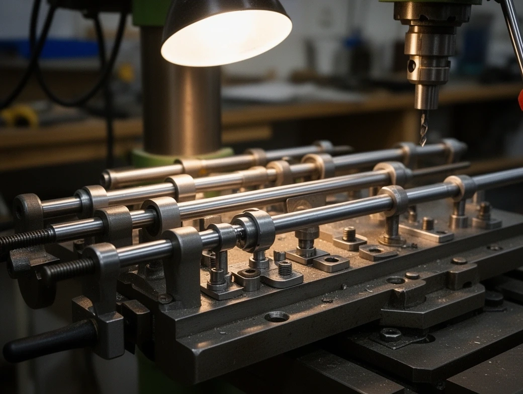 Drilling and tapping jig holding a row of bar handles