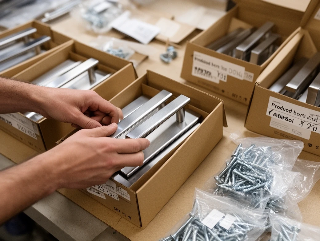 Bar handles being counted into labelled boxes with screws