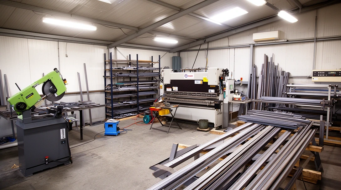 Wolapark workshop with a cold saw, press brake and racks of steel bar